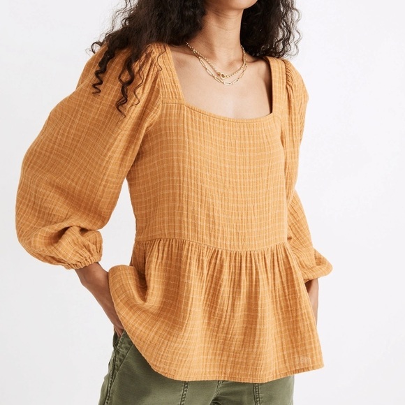 Madewell Women XS Gold Windowpane Lightspun Millbrook Puff-Sleeve Peplum Top - Picture 1 of 9